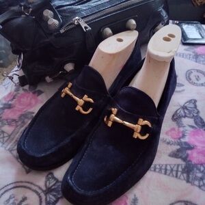 Salvatore Ferragamo suede  Navy Loafers with Gold Accents